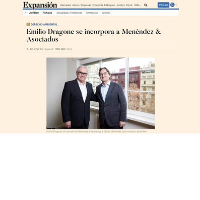 Menéndez & Asociados Abogados ficha como ‘Of Counsel’ a Emilio Dragone, procedente de la Administración ambiental
