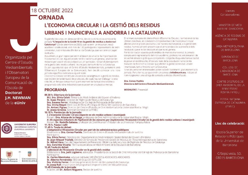 Menéndez & Asociados Abogados acudirá a la Jornada sobre economía circular y gestión de residuos urbanos y municipales en Andorra y en Catalunya